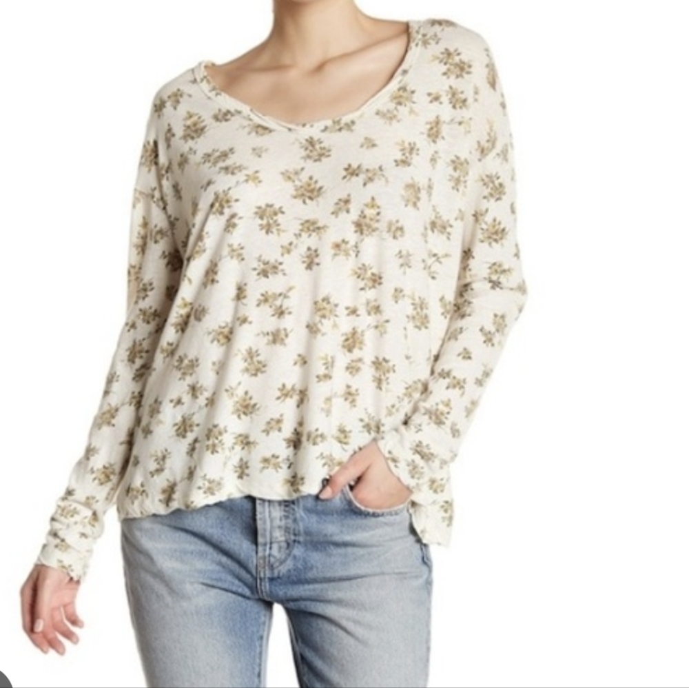 Current Elliott Linen long sleeve scoop neck floral cotton cottage core Tee M
